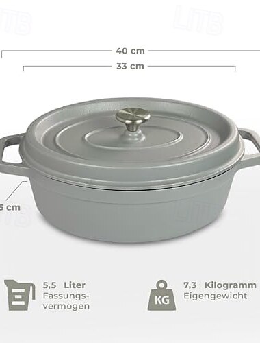  gryte oval støpejernsgryte med drypplokk lys grå