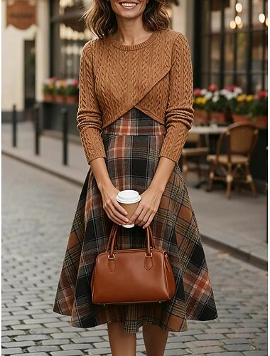  Γυναικεία Μίντι φόρεμα Φόρεμα σε γραμμή Α Καθημερινό Μπόχο Καθημερινά Κανονικό Καρό Μακρυμάνικο Στρογγυλή Ψηλή Λαιμόκοψη Πορτοκαλί Άνοιξη Φθινόπωρο Χειμώνας