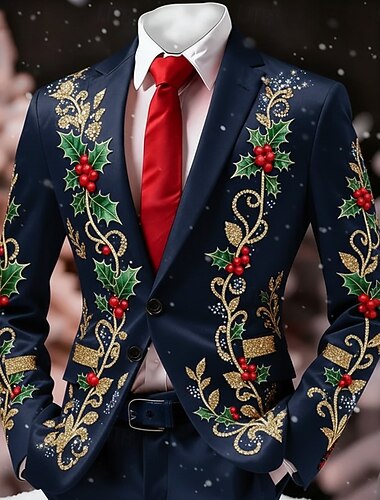  Jul Herre Grafisk Blazer jakke Frakke Bekvem Åndbart Kunstnerisk Afslappet Festaftentøj Daglig Festival 3D-udskrivning Knapper Efterår vinter Hakrevers Langærmet Blå Rød Grøn