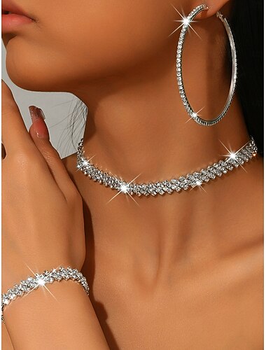  Zestaw biżuterii damskiej ze złota z kryształkami - błyszczące kolczyki koła, naszyjnik choker z kryształkami &pasująca bransoletka, efektowny dodatek na studniówki, bale &imprezy imprezowe