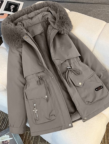  Damen Daunenjacke Fleecejacke Kunstpelzmantel Warm Bequem Fellbesatz Reißverschluss Tasche Lässig Einfach Urlaub Alltagskleidung Ausgehen Wochenende Regulär Mit Kapuze Lässiger Schnitt Langarm