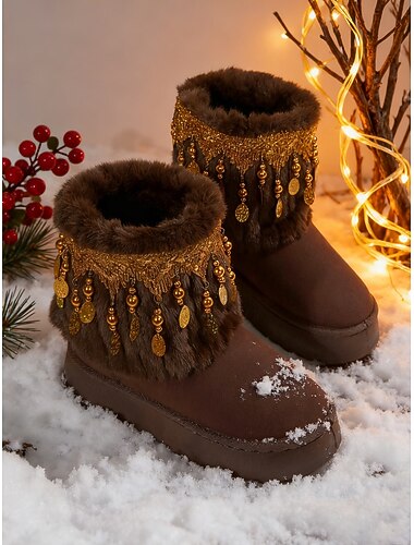  Beige snestøvler i kunstpels til kvinder med rhinstenskvaster – varme plateauankelstøvletter til vinterfester, jul og højtidsmode