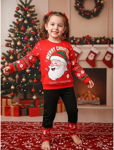  Navidad Chica 3D Graphic Papá Noel Copo Conjuntos navideños regalo de Navidad Traje Deportivo Manga Larga Primavera Otoño Diario Básico Casual Niños 4 años + Cuello Barco Exterior Vacaciones Deportes