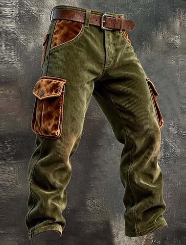  Herren Cargo-Hosen Cargohose Cordhose Arbeitshosen Freizeithose Elastischer Bund Mehrere Taschen Gerader Schnitt Farbblock Patchwork Atmungsaktiv Volle Länge Outdoor Lässig Täglich Retro Vintage