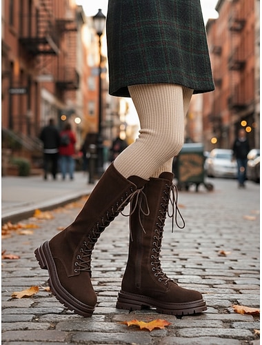  Bottes montantes à lacets marron foncé pour femmes – bottes de combat à semelle épaisse, idéales pour les tenues mode, les promenades en extérieur, les voyages et le quotidien
