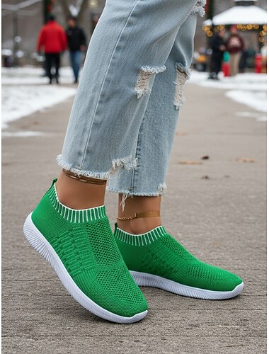  Dámské zelené flyknit nazouvací tenisky – strečový ponožkový střih, prodyšný a lehký design, ideální pro každodenní chůzi, cestování, vánoční street style a běžné zimní nošení