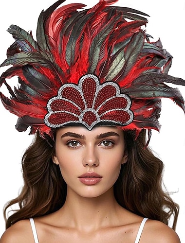 Karneval 2026 Rio Karneval Samba Tilbehør Rød og Svart Fjær Hodepryd Kvinne Mardi Gras Festival Danse Tilbehør Brasil Festival Prestasjonskostyme