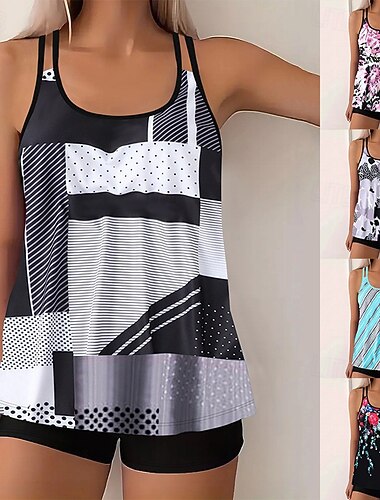  Dame Badetøy 2 stk Shorts Badedrakt Åpen rygg Ferie Strand Klær Blomstret U-hals Ermeløs Badedrakter