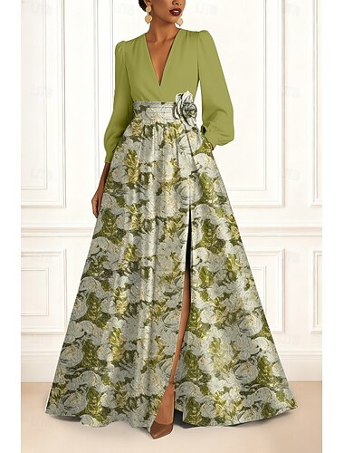  Kukkakuvioinen Jacquard brokadi A-linjainen iltamekko elegantti virallinen mekko virallisiin häihin lattianpituinen pitkät hihat V-kaulus tasku satiini rypyttyneellä halkiolla