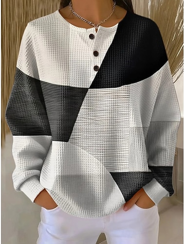  Mulheres Moletom Geométrica Abstrato Casual Manga Longa Decote Redondo Tops regulares Azul Preto Branco Amarelo Rosa Primavera Outono