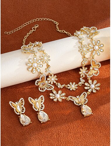  סט תכשיטי פרפר פרחוני לנשים - שרשרת קריסטלים נוצצים, עגילים &סט טבעות למסיבות, אירועי ערב &אירועים מיוחדים