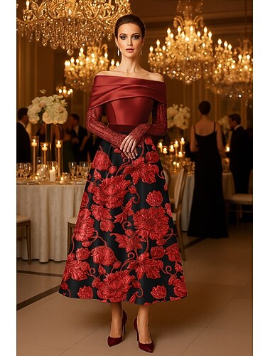  Жаккардовые коктейльные платья А-силуэта элегантное формальное для свадьбы чайной длины с длинными рукавами V-образным вырезом сатиновое с складками и кружевными аппликациями