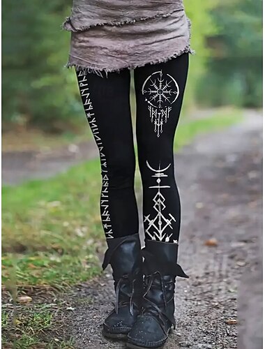  女性用バイキングボヘミアンレギンス バケーション ビンテージ エスニックスタイル フルレングス ハイウエスト グラフィックレター クイックドライ 通気性 ソフト ストレッチ フォーマル アウトドア バケーション 黒 春 秋 冬 スリムフィット