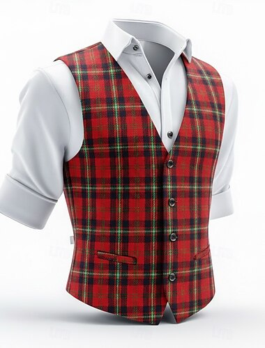  herrevest festmote gatemote vår høst knapper polyester pusteevne rutete enkeltspent v-hals skreddersydd passform rød vest