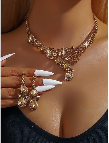  女性用クリスタルラインストーンネックレス＆イヤリングセット - パーティー、イブニング、フォーマルなイベントにぴったりのキラキラ輝くステートメントジュエリー
