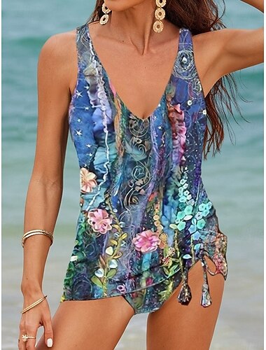 Γυναικεία Κανονικό Μαγιό τανκίνι 2 κομμάτι Σορτσάκια Μαγιό 2 τεμάχια Εκτύπωση Φλοράλ Άνθινο Ρούχα παραλίας Φθινόπωρο Μαγιό