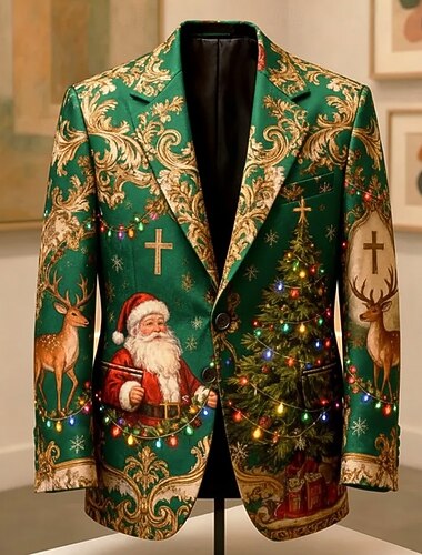  Kerstmis Voor heren Kerstman Blazerjack Jas Comfortabel Ademend Artistiek Casual Feestavondkleding Dagelijks Festival 3D-afdrukken Knop Herfst winter Inkeping Lange mouw Zwart Rood Groen