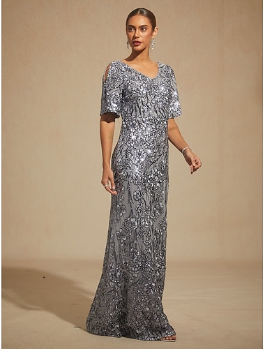  Женское платье макси, платье-футляр, платье-русалка, расшитое пайетками и кружевом, с открытыми плечами, элегантное, для вечеринки, классический крой, цветочные мотивы, рукава до локтя, V-образный