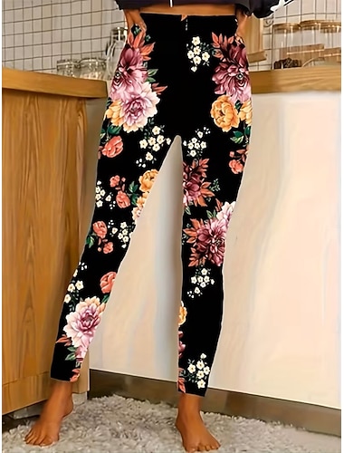  Dámské Legíny Pohodlné legíny prázdniny Na běžné nošení Plná délka Vysoký pas Květinový Potisk Pohodlné Elastické Ležérní Denní Dovolená Námořnická modř Černá Žlutá Fuchsiová Léto Jaro Podzim Běžný