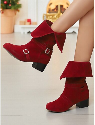  Botas verdes de media caña para mujer con hebilla - botas retro estilo elfo navideño con diseño plegable, moda navideña vintage para fiestas de invierno