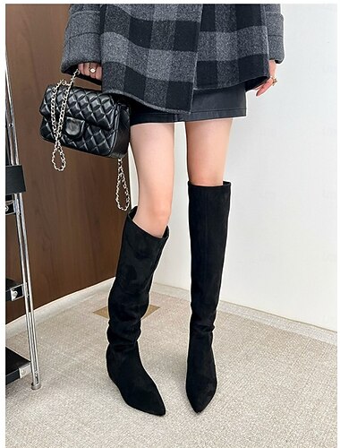  Knähöga damstövlar i mocka, spetsig tå, trendiga klackstövlar för vardags- och kvällskläder