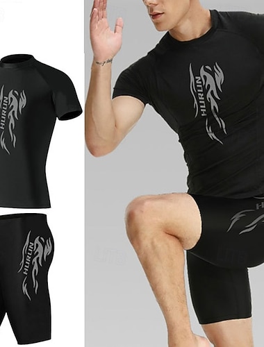  Herren 2-teiliger Rashguard Surfshirt Badeshorts UV-Sonnenschutz Schnelltrocknend Kurzarm Bademode Strand Wassersport Schwimmen Grafik Sommer