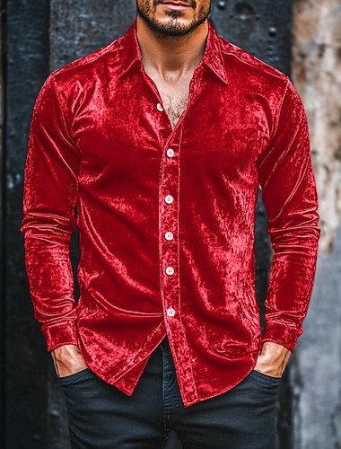  Herre Skjorte Uformell skjorte Juleskjorte Fløyelsskjorte Vin Kongeblå Langermet Helfarge عادي Skjortekrage Avslappet Daglig Knapper Klær Fløyel Jul Elegant Varm Aktiv
