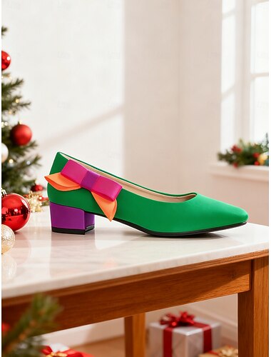  Sapatos de salto alto verdes femininos com laço colorido – sapatos elegantes para festas de fim de ano, perfeitos para o Natal, Ano Novo e ocasiões formais.