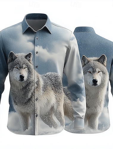  Miesten Eläin Susi Luonto ja maisemat Paita Button Up paita Pitkähihainen Vintage retro ulko- Kausaliteetti Metsästys Kevät Syksy Sänkyjen avaus 3D-tulostus kauluspaidat Sininen Harmaa