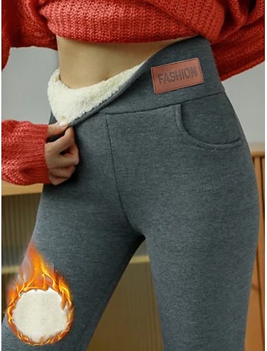  בגדי ריקוד נשים טייץ עם בטנת פליז חותלות בטנת פליז נעימה אופנתי נוחות באורך מלא מותניים גבוהים צבע אחיד אותיות טלאים שמור על חום הגוף רך נושם מיקרו-אלסטי בָּחוּץ קזו'אל יומי שחור אפור סתיו חורף רגיל