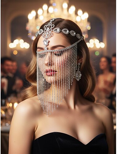  γυναικείο κόμμωση με κρόσσια από κρυστάλλινο στρας - πολυτελές κόμμωση Gatsby με φλάπερ της δεκαετίας του 1920 για βραδινά πάρτι, σκηνή και γάμους