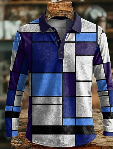  Herre Fargeblokk Geometrisk Polo Langermet Poloskjorter Knaphul Fritid utendørs treningsklær Dagligdagstøy 3D-utskrift Knapper Vår Høst Vinter Blå Rød Grønn