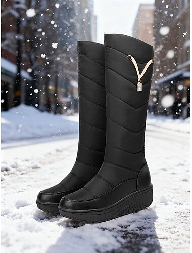  stivali invernali impermeabili neri da donna - modello imbottito trapuntato, tacco a zeppa con plateau, caldi ed eleganti per il tempo nevoso e le attività all'aperto