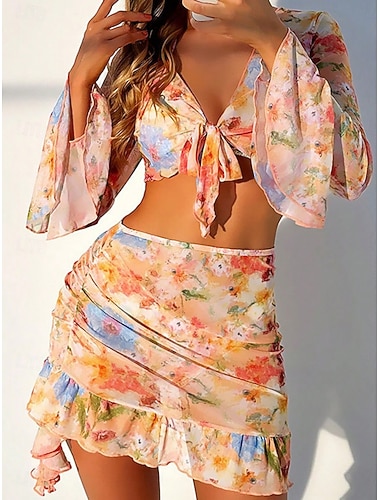  Dámské bikiny plavky se sukní slim bez zad dovolená na pláži květinové grafiky V-krk dlouhý rukáv plavky