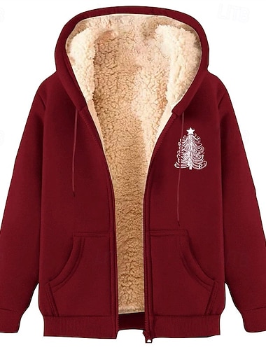  Homme Sweat à capuche Sweat à capuche zippé intégral Sweat à capuche zippé Sweat à capuche doublé en polaire Abricot Noir Vin Rouge Vert À capuche Arbre de Noël Avec Poches Doublure en sherpa Noël