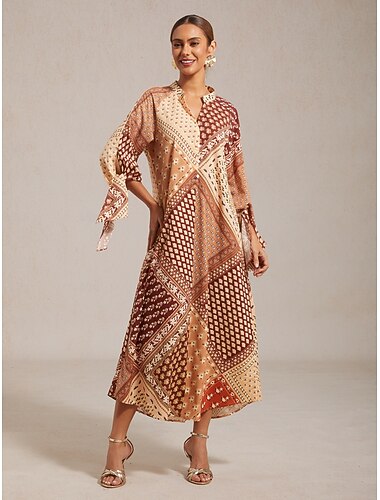  Robe longue à imprimé patchwork floral géométrique pour femme, col montant, manches 3/4, printemps-automne