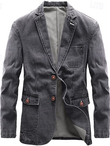  Herre Blazer Denimjakker Feriereise Avslappet Dagligdagstøy Mote Fritid Vår & Vinter Bomull Polyester Denim Lomme Knapper Bekvem Enkeltkneppet Blazer Svart Grå