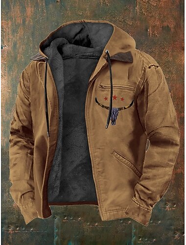  男性用 フルジップパーカー フリースの上着 フリースパーカー ブラウン ダックグレー フード付き 牛 出演者 ポケット フェイクレザーのアクセント カジュアル 日常 ストリートウェア ポリエステル ストリートファッション レトロ風 カジュアル 秋冬 衣類 パーカー トレーナー