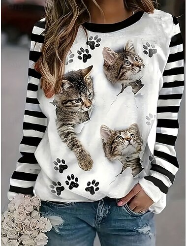  חולצת טריקו לנשים עם שרוול ארוך גרפית גיאומטרית חתול נוסטלגית אלגנטית קלאסית צווארון עגול רגילה יומיומית הדפס שחור אביב סתיו לפני הסתיו