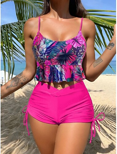 Costume da bagno tankini da donna a 2 pezzi arricciato con pantaloni a palma controllo della pancia vita alta slim senza schiena abbigliamento da spiaggia per le vacanze floreale scollatura a scoop