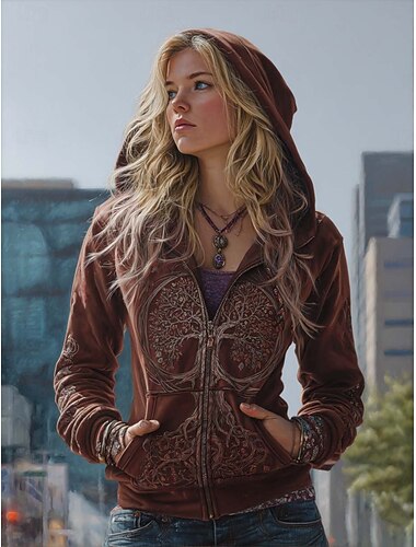  Dame Hettegensere med glidelås Grafisk Ruter Mote Vestlig Retro Rød Langermet Med hette Vanlige topper Gate Hverdag Glidelås Lomme Trykt mønster Gul Rød Lilla Grønn Vår Høst Vinter