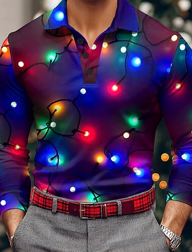  Χριστούγεννα Ανδρικά Φαναράκια Πόλο Μακρυμάνικο Μπλουζάκια πόλο Πέτο Καθημερινό ΕΞΩΤΕΡΙΚΟΥ ΧΩΡΟΥ Καθημερινά Ρούχα 3D εκτύπωση Κουμπιά Άνοιξη Φθινόπωρο Χειμώνας Θαλασσί Κίτρινο Πράσινο του τριφυλλιού