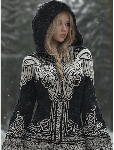  dame vikinggenser ferie vintage kul geometrisk hettegenser trykk langermet vanlig topper strikket utendørs daglig svart høst vinter