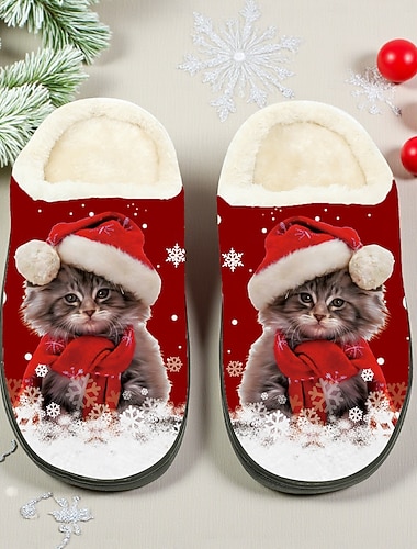  pantofole natalizie da donna con gatti - comode scarpe da interno in pile con stampa di gattini con cappello di Babbo Natale, calde calzature da casa in peluche per regali invernali e per le feste