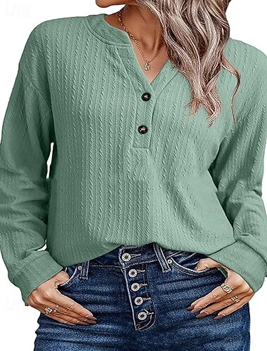  Femmes Chemisier Uni Élégant ancien Sexy manche longue Col en V Hauts Réguliers Fête Sortir Boutons Argent Vert herbe Noir Blanche Rose Claire Été Printemps Automne