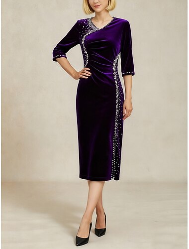  שמלת מידי לנשים שמלת קטיפה שמלה צמודה אלגנטית ערב מסיבת ערב גזרה רגילה צבע אחיד שרוולים באורך 3/4 צווארון V אדום כחול סגול חורף