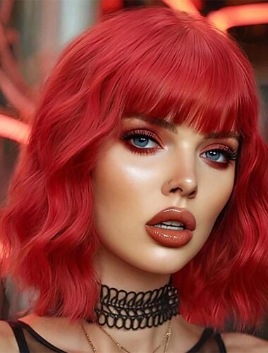  Rote, gewellte Perücke mit Pony, weiche, kurze Bob-Perücke für Damen, synthetische, schulterlange lockige Damenperücke für Karnevalspartys