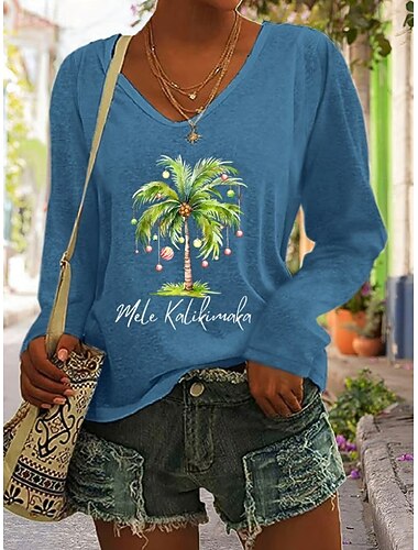  Christmas Women's T Shirt Graphic Elf Vintage Stylish Classic Long Sleeve V Neck Regular Tops Daily Print Black White Light Green Pink Red Spring Fall Winter