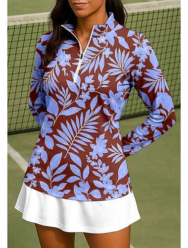  Dame Blomster Topper قميص Sportsskjorte POLO T-skjorte Langermet Glidelås Blomster UPF50+ UV-bestandig Høy Elastisitet Fukttransport Pustende Volleyball Tennis Golf Høyhalset Høy krage Skjorte Genser