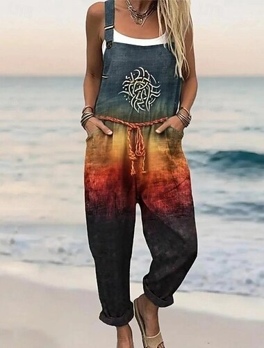  Γυναικεία Συνολικά Ενεργό Φλοράλ Αμάνικο Βράκα Στρογγυλή Λαιμόκοψη Τσέπη Στάμπα Διακοπές Σπίτι Χαλαρή Εφαρμογή Θαλασσί Ρουμπίνι Πορτοκαλί Καλοκαίρι